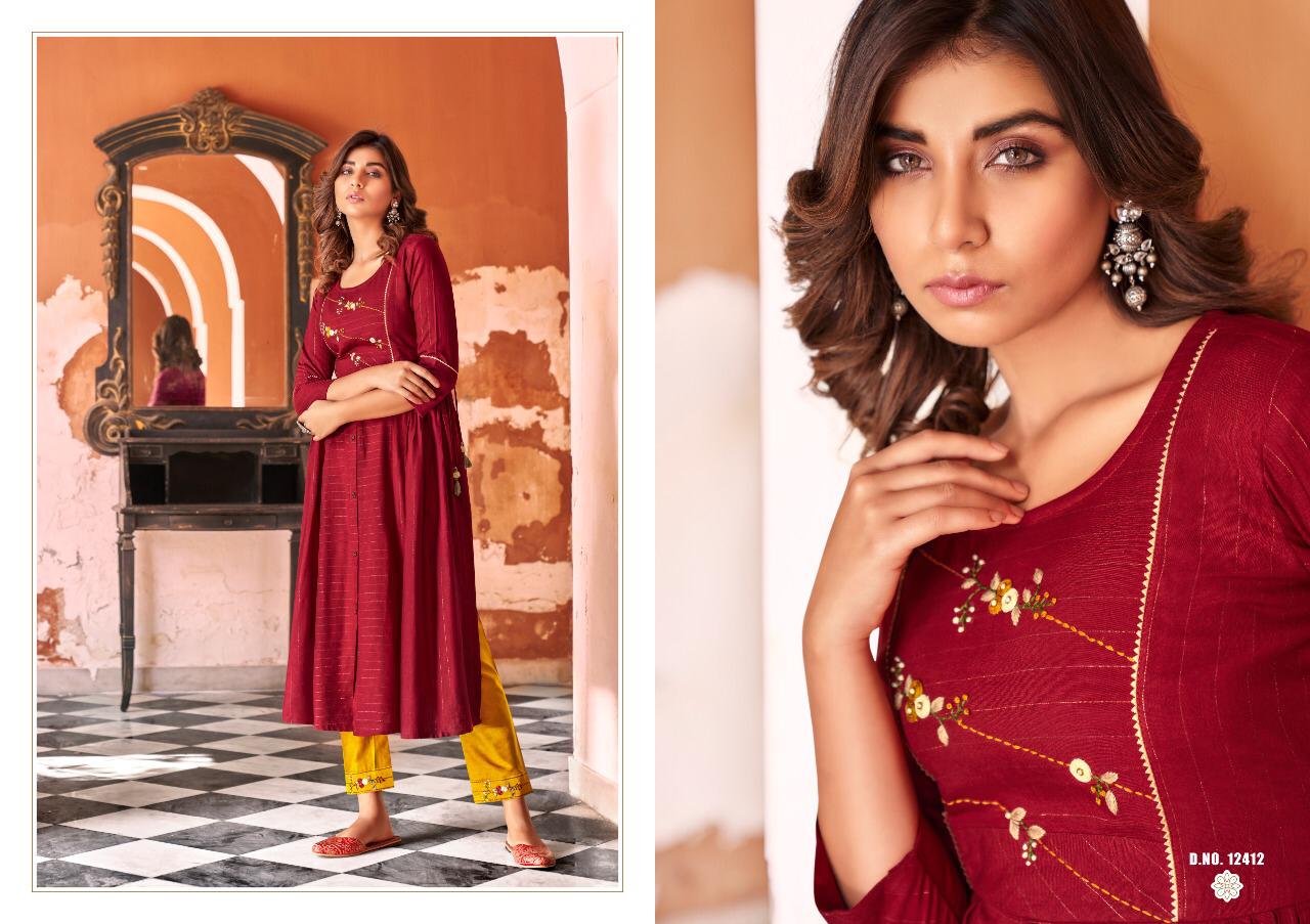 Klaroop Tissot Latest Fancy Festive Wear Fancy Reyon With khatli Work Nd Mok Work Kurtis With Bottom Collection 